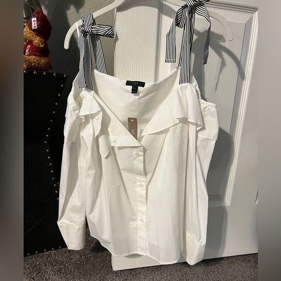 NWT! JCrew white button down ribbon tie at shoulders - Picture 1 of 2